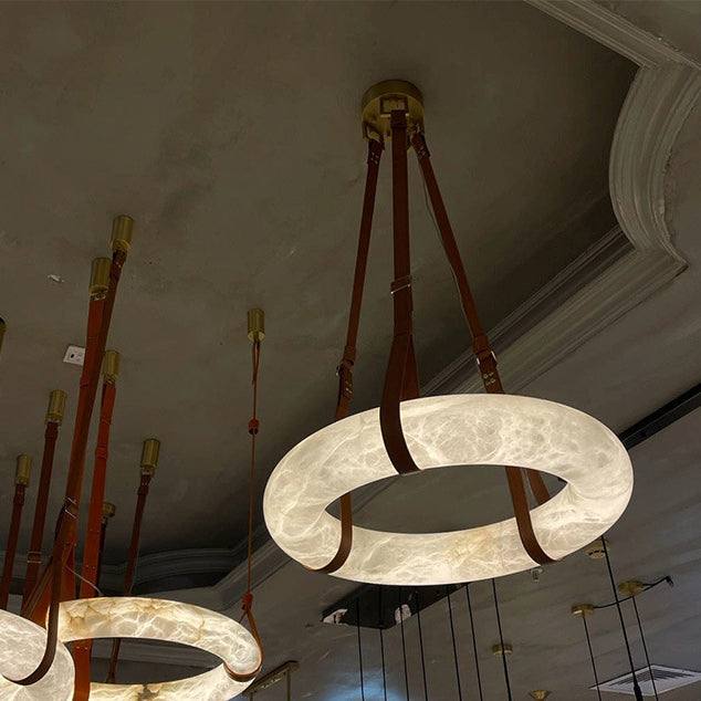 Nordic Round LED Chandelier in Imitation Marble and Leather for Living Room