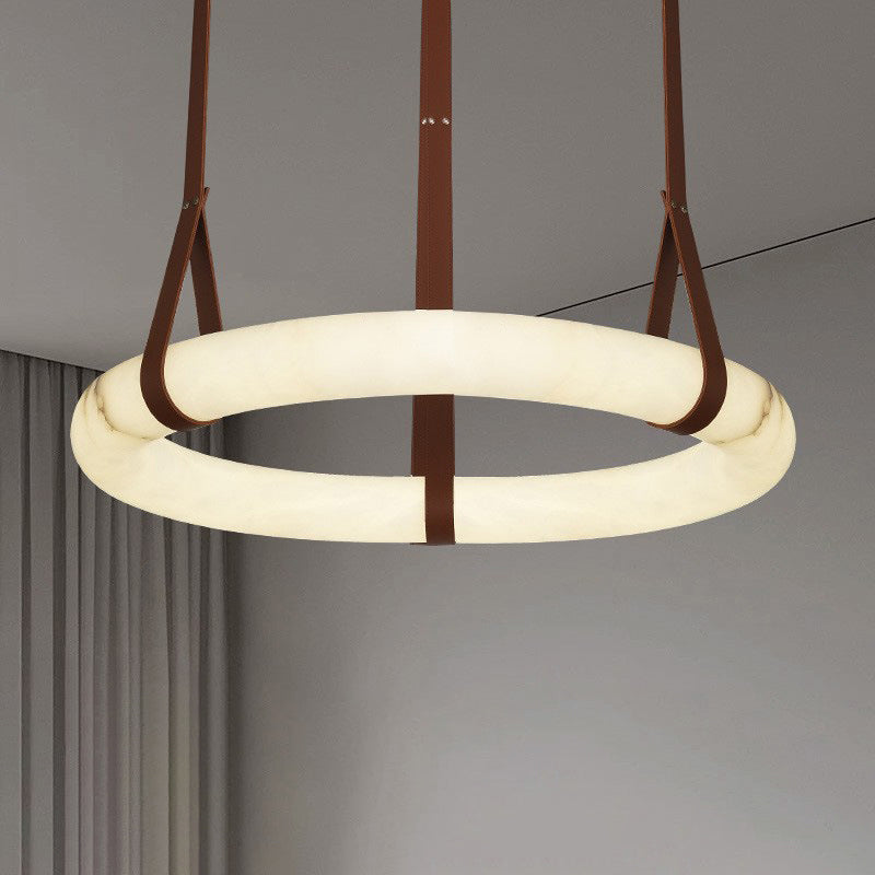 Nordic Round LED Chandelier in Imitation Marble and Leather for Living Room