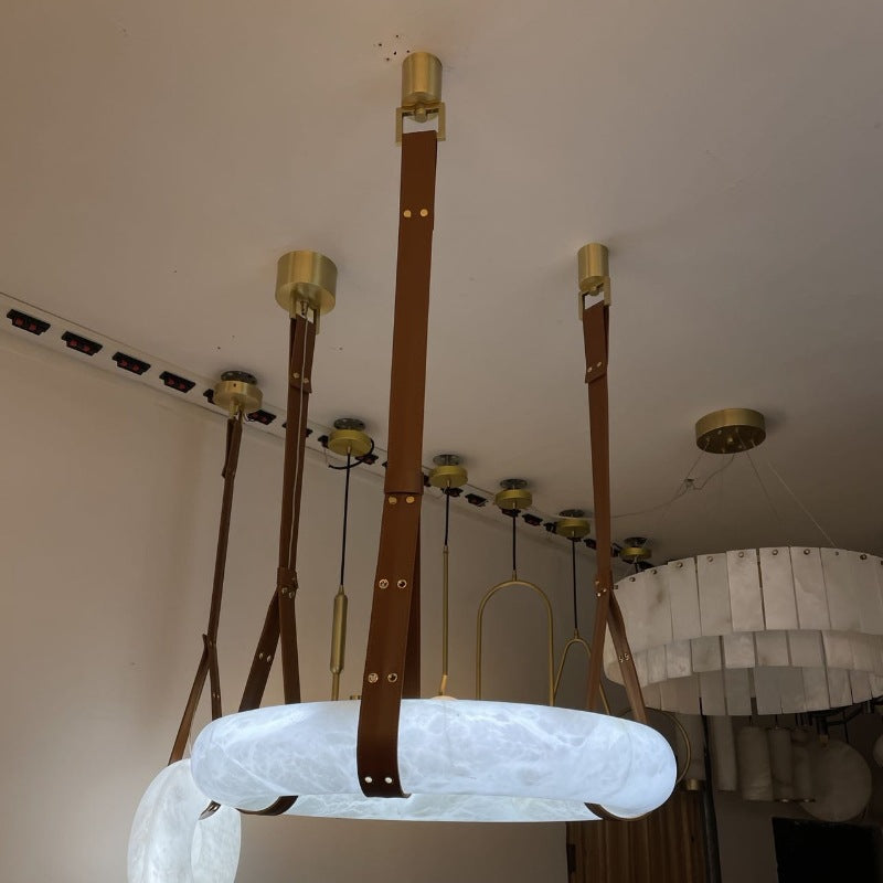 Nordic Round LED Chandelier in Imitation Marble and Leather for Living Room