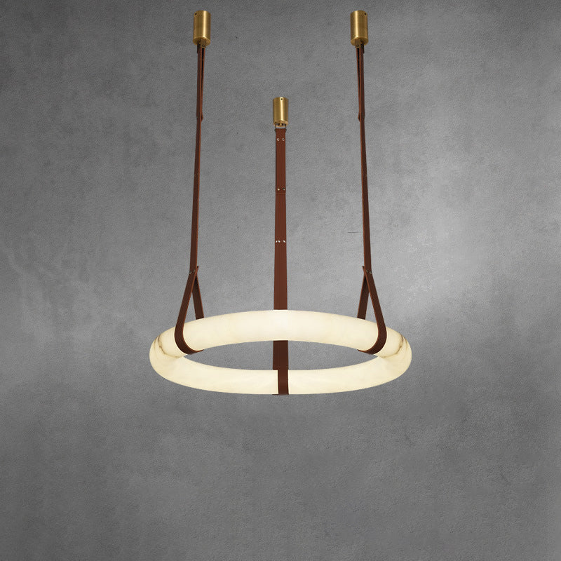 Nordic Round LED Chandelier in Imitation Marble and Leather for Living Room