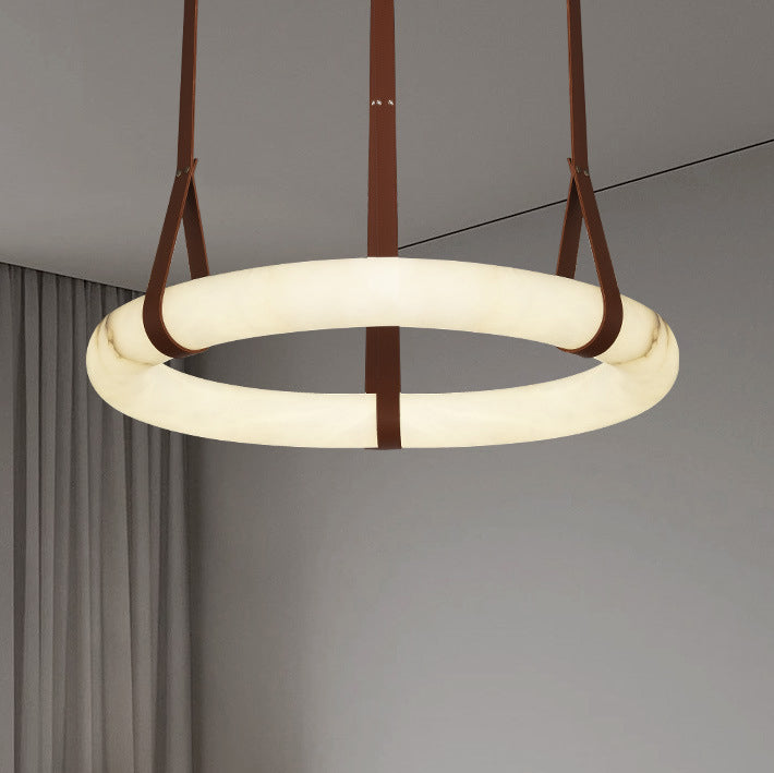 Nordic Round LED Chandelier in Imitation Marble and Leather for Living Room