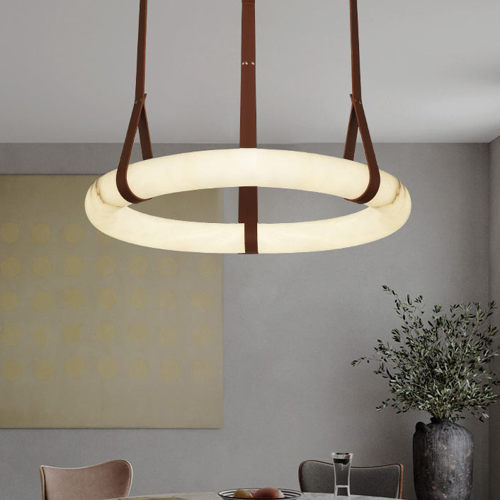 Nordic Round LED Chandelier in Imitation Marble and Leather for Living Room