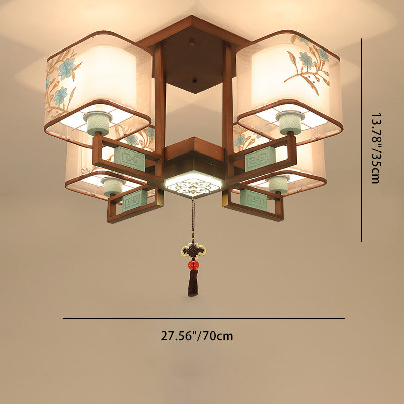 Traditional Chinese Embroidered Square Fabric Iron Chandelier for Living Room