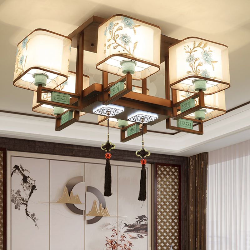 Traditional Chinese Embroidered Square Fabric Iron Chandelier for Living Room