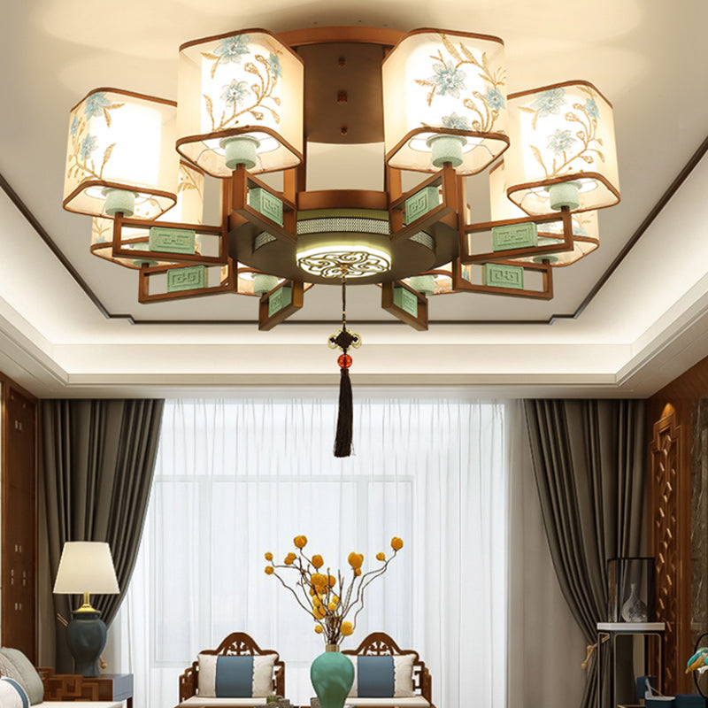 Traditional Chinese Embroidered Square Fabric Iron Chandelier for Living Room