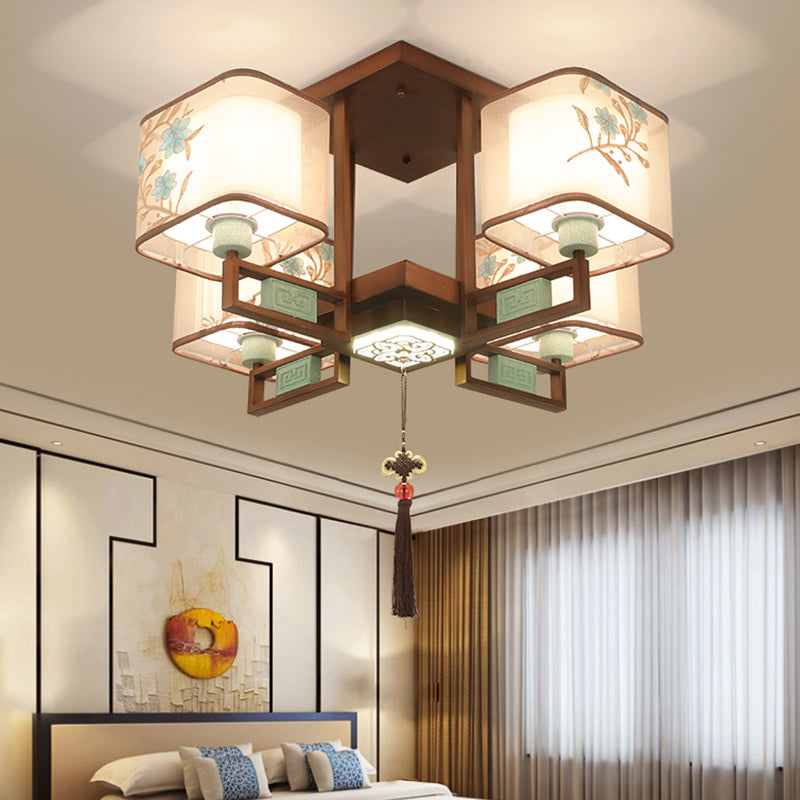 Traditional Chinese Embroidered Square Fabric Iron Chandelier for Living Room