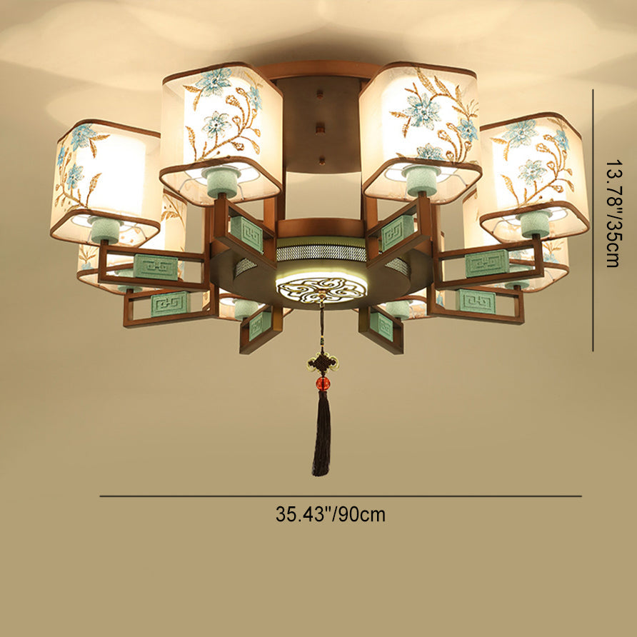 Traditional Chinese Embroidered Square Fabric Iron Chandelier for Living Room