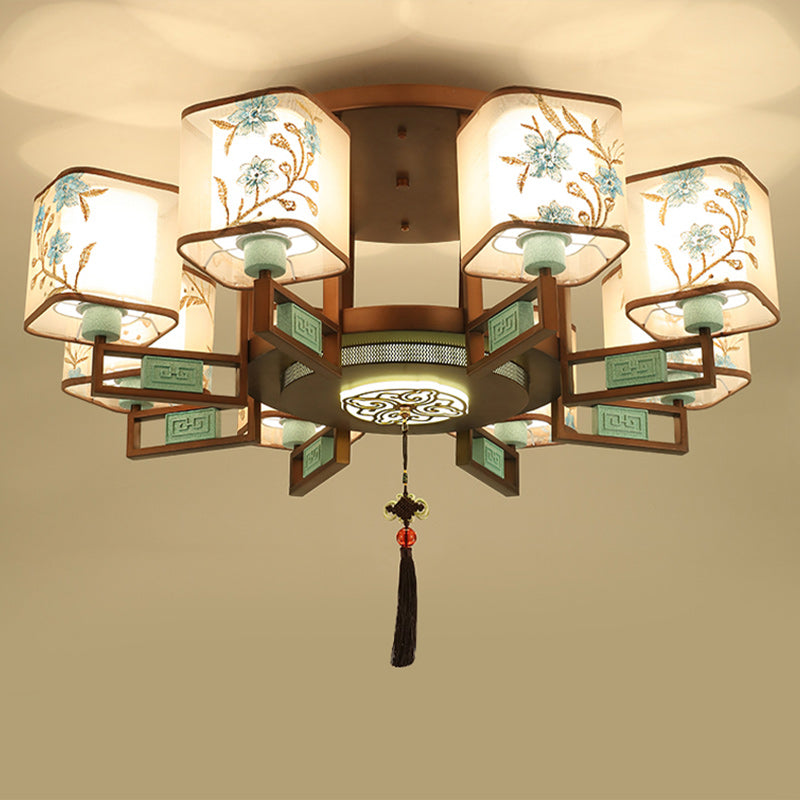 Traditional Chinese Embroidered Square Fabric Iron Chandelier for Living Room