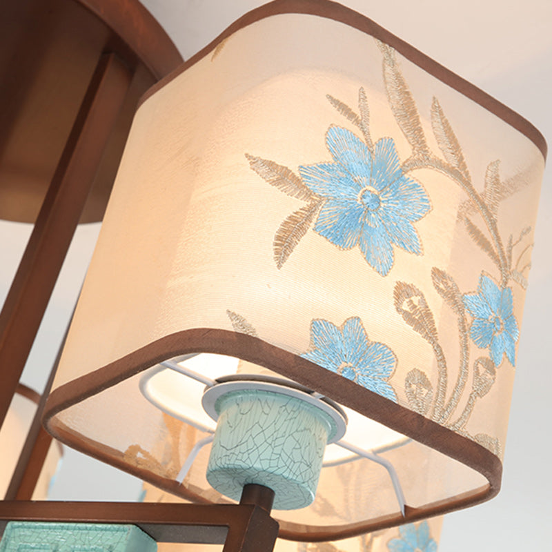 Traditional Chinese Embroidered Square Fabric Iron Chandelier for Living Room