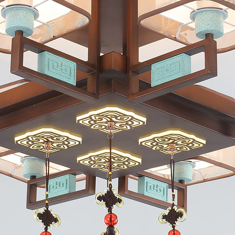 Traditional Chinese Embroidered Square Fabric Iron Chandelier for Living Room