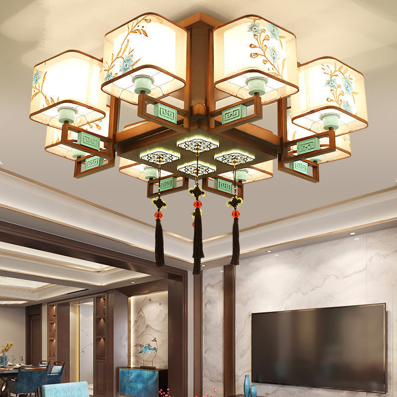 Traditional Chinese Embroidered Square Fabric Iron Chandelier for Living Room