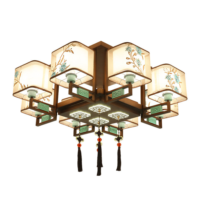 Traditional Chinese Embroidered Square Fabric Iron Chandelier for Living Room