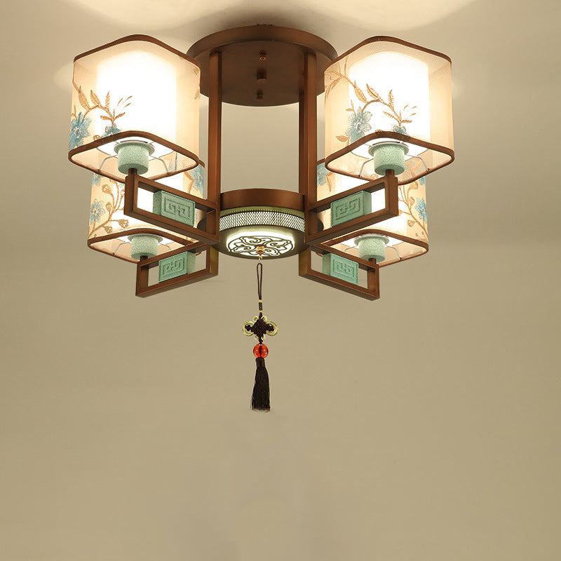 Traditional Chinese Embroidered Square Fabric Iron Chandelier for Living Room