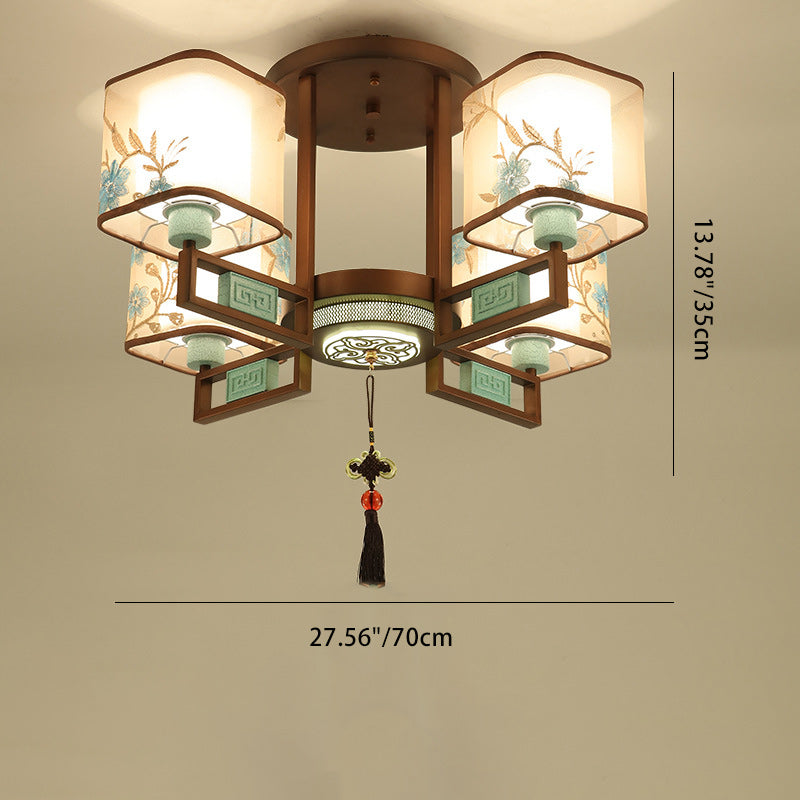 Traditional Chinese Embroidered Square Fabric Iron Chandelier for Living Room