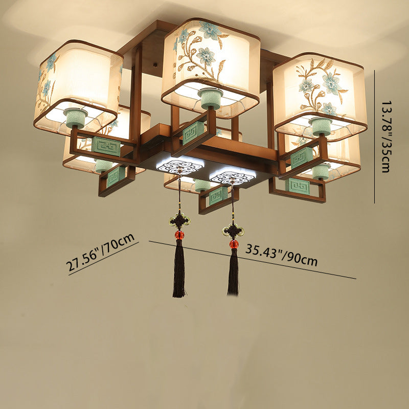 Traditional Chinese Embroidered Square Fabric Iron Chandelier for Living Room