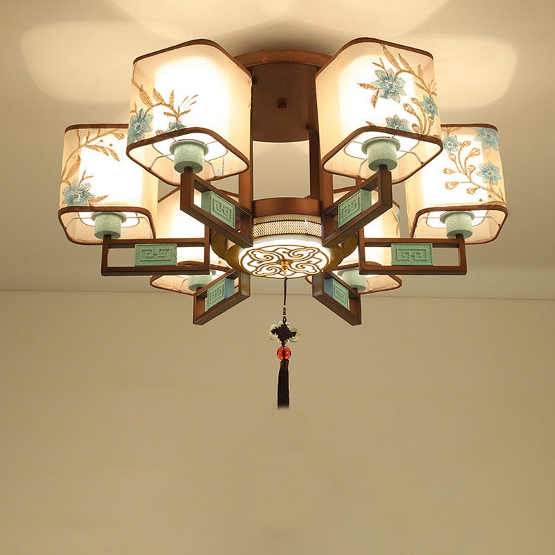 Traditional Chinese Embroidered Square Fabric Iron Chandelier for Living Room