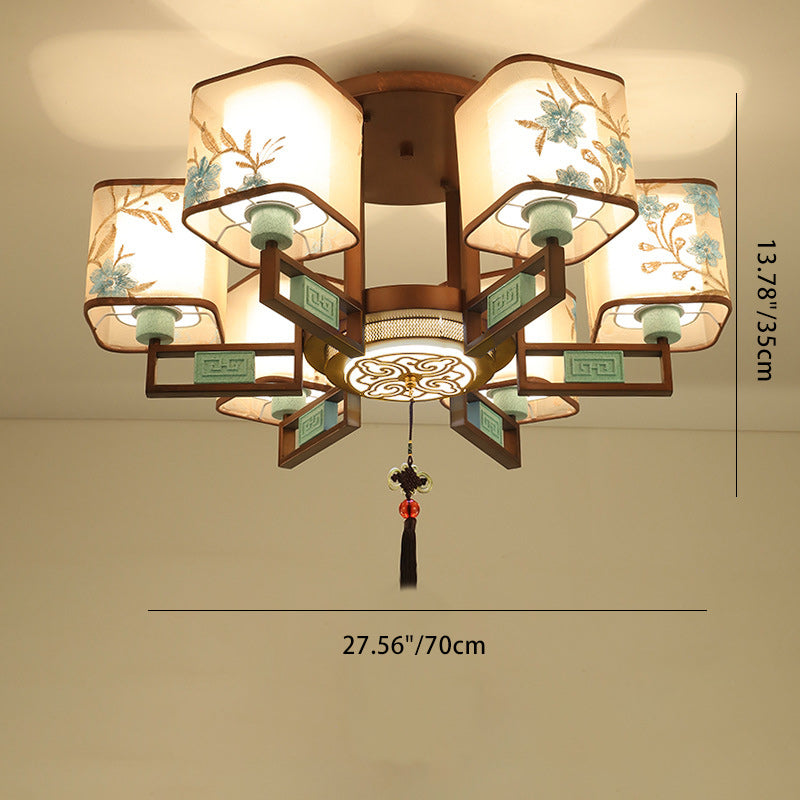 Traditional Chinese Embroidered Square Fabric Iron Chandelier for Living Room