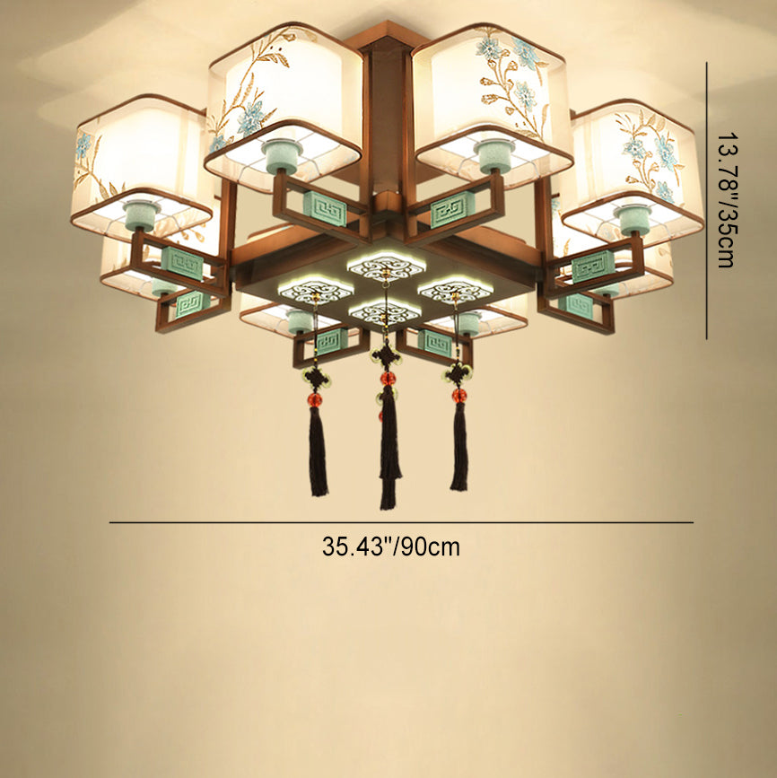 Traditional Chinese Embroidered Square Fabric Iron Chandelier for Living Room