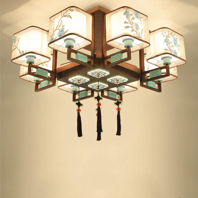 Traditional Chinese Embroidered Square Fabric Iron Chandelier for Living Room