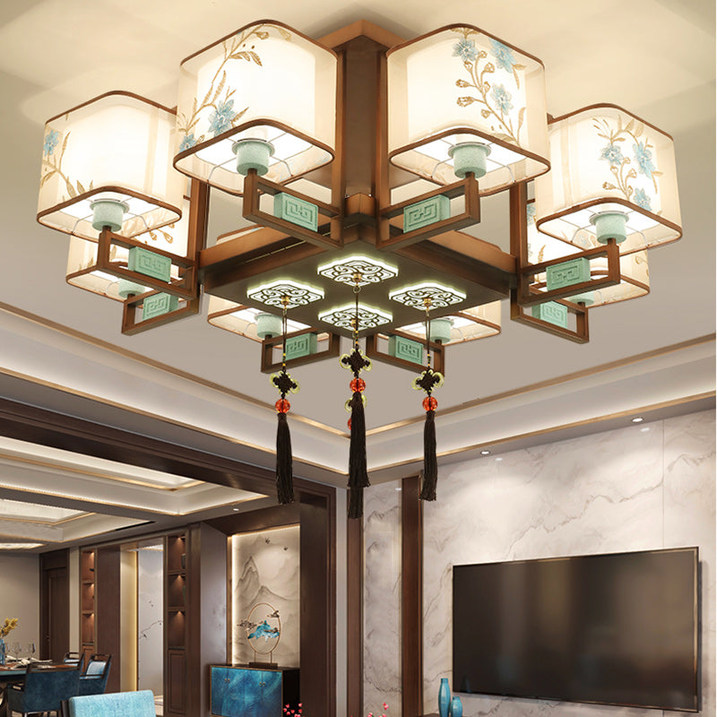 Traditional Chinese Embroidered Square Fabric Iron Chandelier for Living Room
