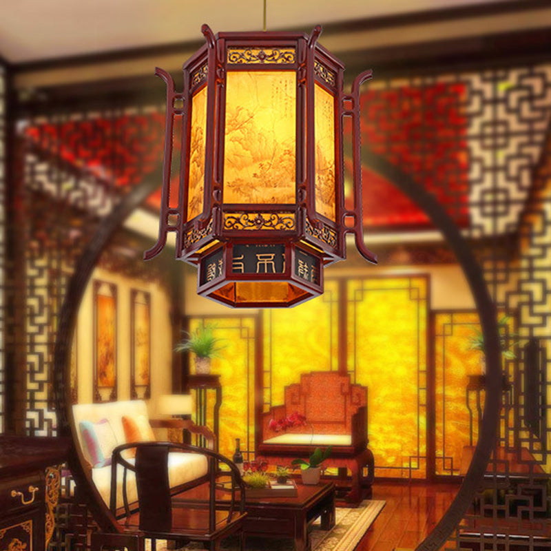 Traditional Pine Imitation Sheepskin Lantern Chandelier for Dining Room