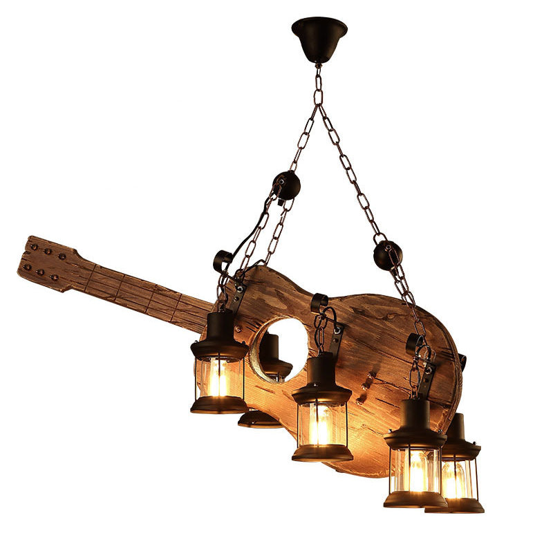 Artistic Guitar-Shaped Solid Wood & Iron Chandelier for Dining Room