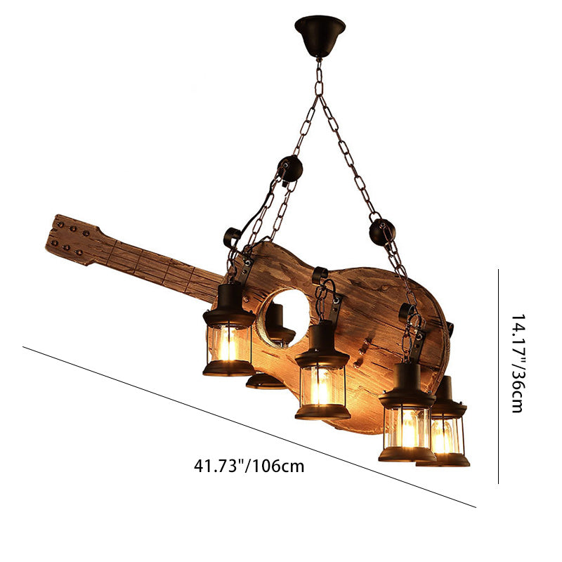 Artistic Guitar-Shaped Solid Wood & Iron Chandelier for Dining Room