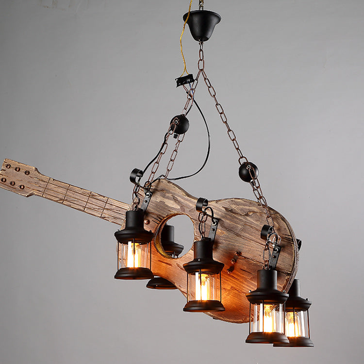 Artistic Guitar-Shaped Solid Wood & Iron Chandelier for Dining Room