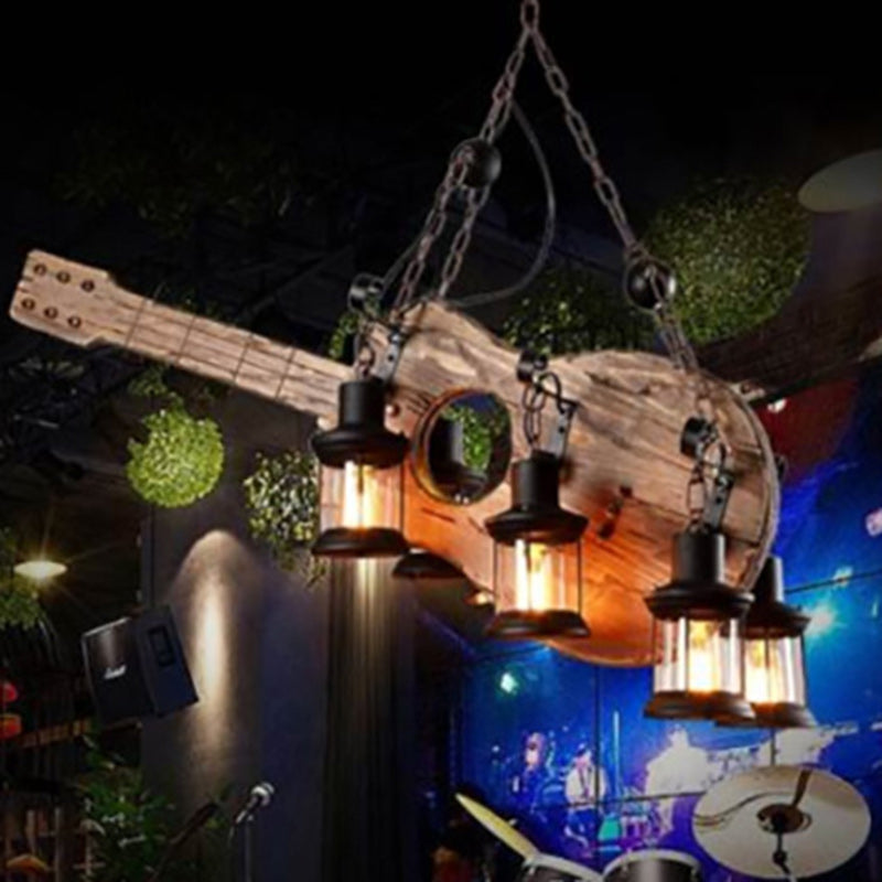 Artistic Guitar-Shaped Solid Wood & Iron Chandelier for Dining Room