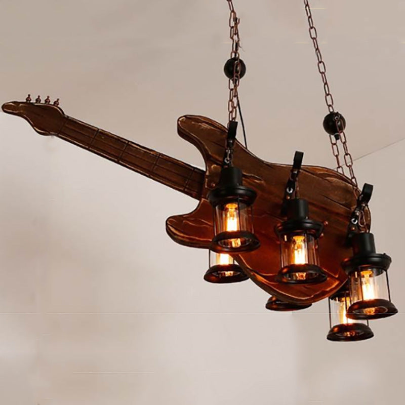Artistic Guitar-Shaped Solid Wood & Iron Chandelier for Dining Room