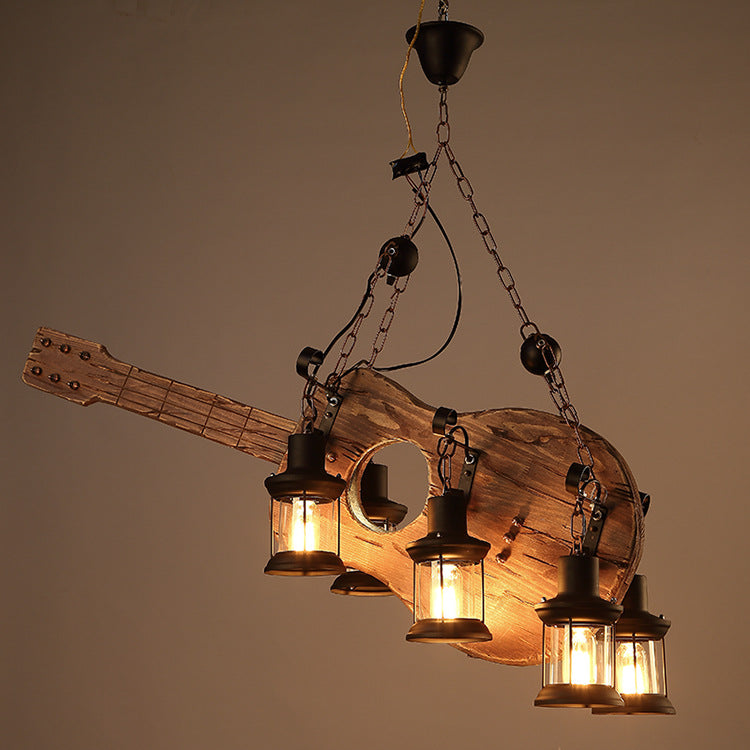 Artistic Guitar-Shaped Solid Wood & Iron Chandelier for Dining Room