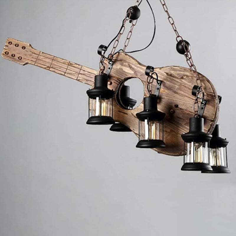 Artistic Guitar-Shaped Solid Wood & Iron Chandelier for Dining Room
