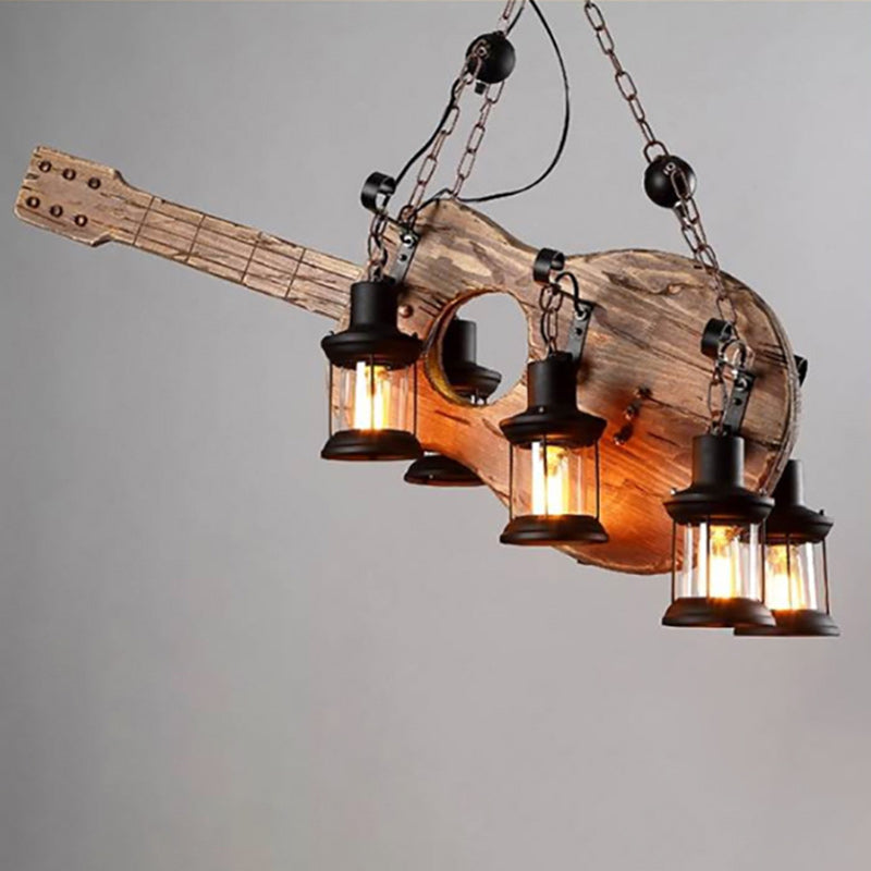 Artistic Guitar-Shaped Solid Wood & Iron Chandelier for Dining Room