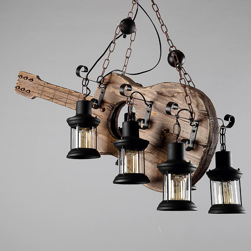 Artistic Guitar-Shaped Solid Wood & Iron Chandelier for Dining Room
