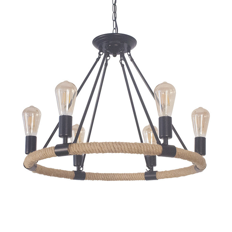 Rustic Farmhouse Hemp Rope Round Chandelier with Iron Hardware for Dining Room