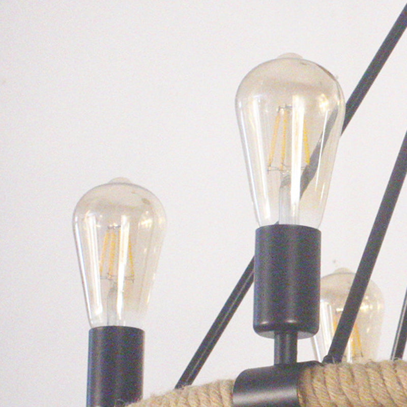 Rustic Farmhouse Hemp Rope Round Chandelier with Iron Hardware for Dining Room