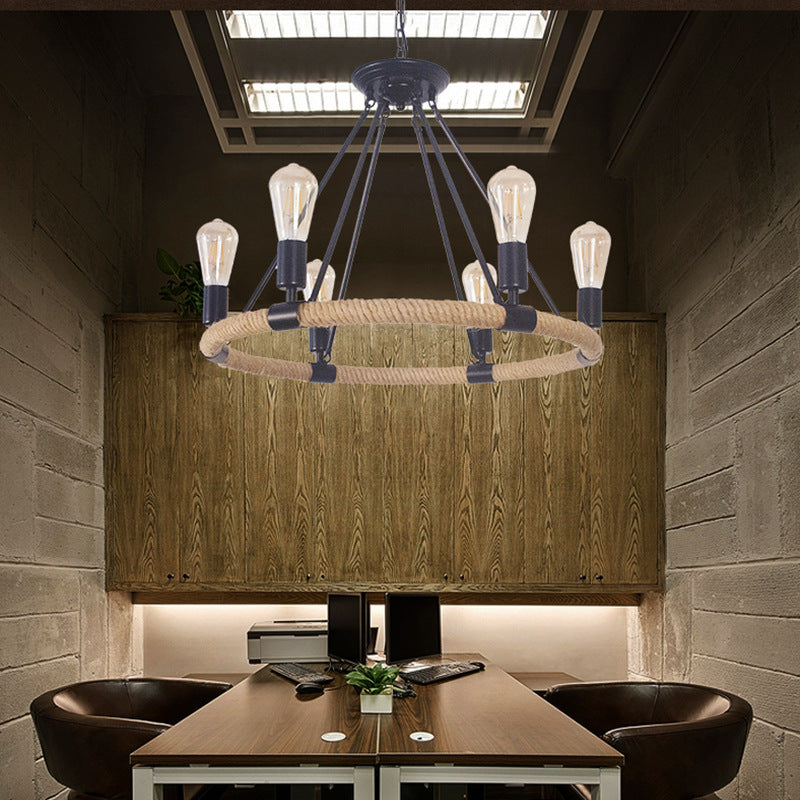 Rustic Farmhouse Hemp Rope Round Chandelier with Iron Hardware for Dining Room