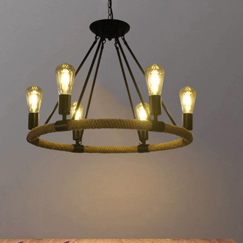 Rustic Farmhouse Hemp Rope Round Chandelier with Iron Hardware for Dining Room