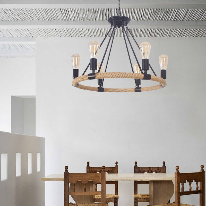 Rustic Farmhouse Hemp Rope Round Chandelier with Iron Hardware for Dining Room