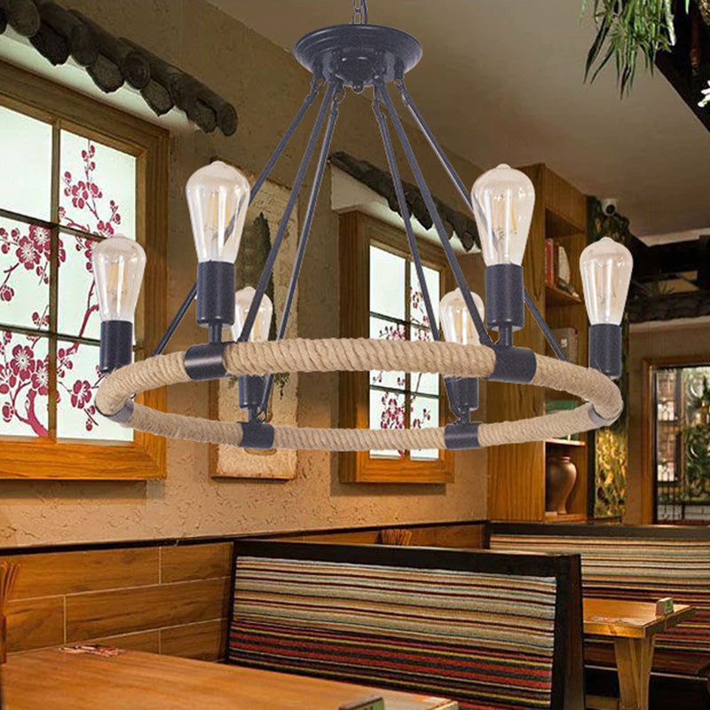 Rustic Farmhouse Hemp Rope Round Chandelier with Iron Hardware for Dining Room