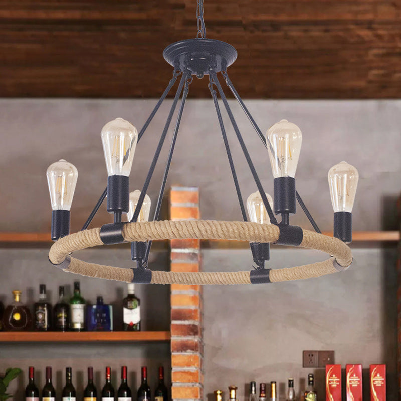Rustic Farmhouse Hemp Rope Round Chandelier with Iron Hardware for Dining Room