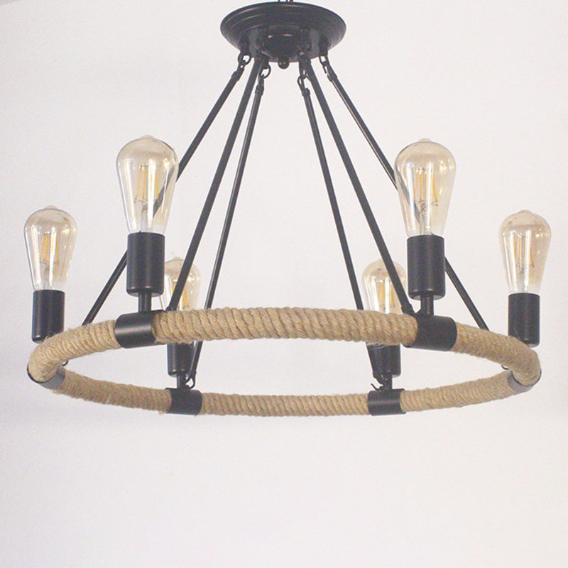 Rustic Farmhouse Hemp Rope Round Chandelier with Iron Hardware for Dining Room