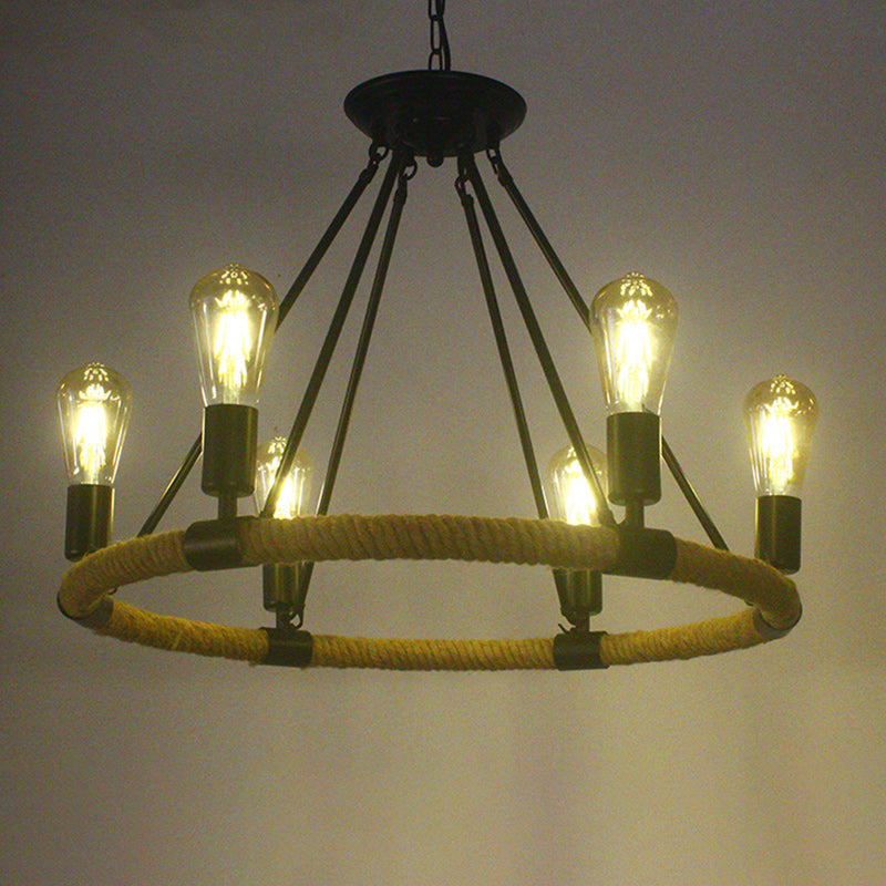 Rustic Farmhouse Hemp Rope Round Chandelier with Iron Hardware for Dining Room