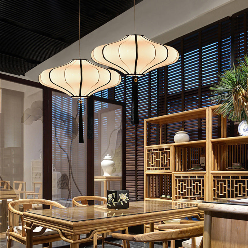 Cultural Red Fabric Lantern Chandelier Light Fixture for Dining Room
