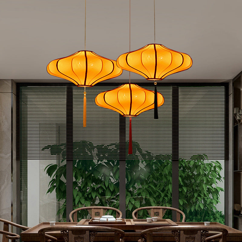 Cultural Red Fabric Lantern Chandelier Light Fixture for Dining Room