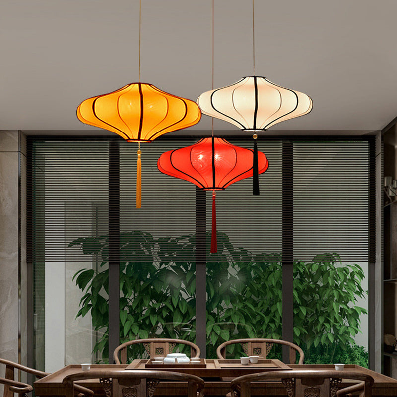 Cultural Red Fabric Lantern Chandelier Light Fixture for Dining Room