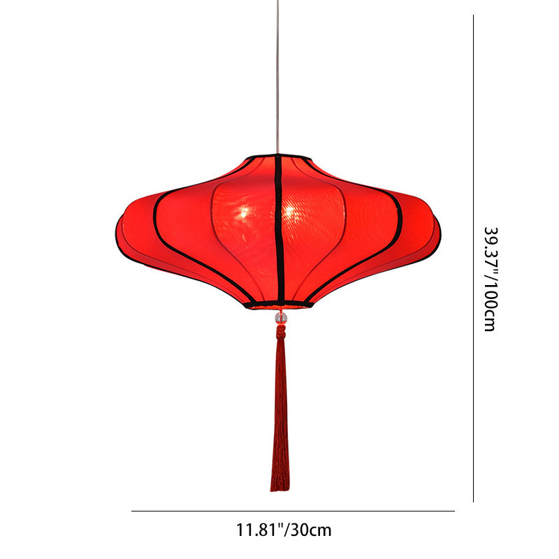 Cultural Red Fabric Lantern Chandelier Light Fixture for Dining Room