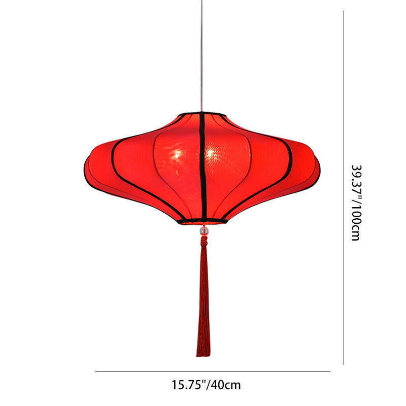Cultural Red Fabric Lantern Chandelier Light Fixture for Dining Room