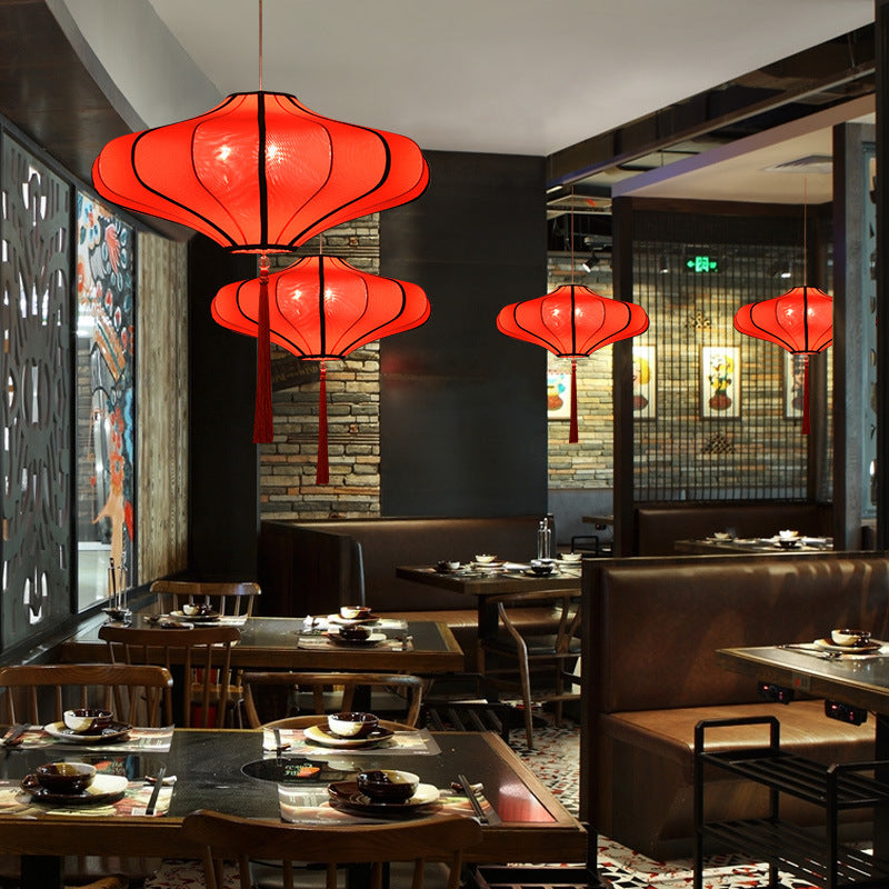 Cultural Red Fabric Lantern Chandelier Light Fixture for Dining Room