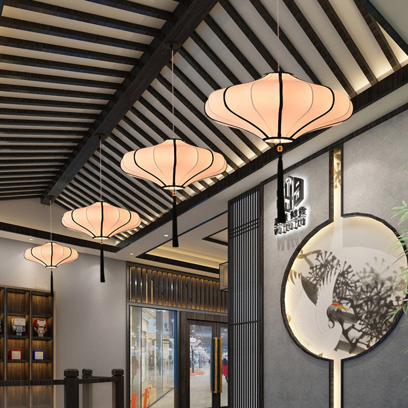 Cultural Red Fabric Lantern Chandelier Light Fixture for Dining Room